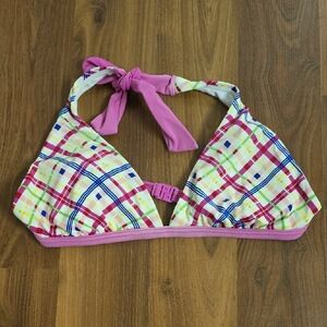 Plaid Halter Bikini Top with Pink Accents